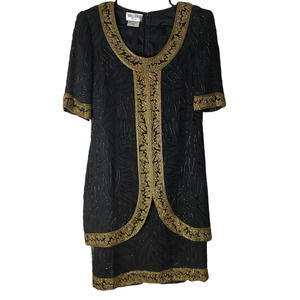 Brillante by JA Vintage Black & Gold Art Deco Silk Sequin  Dress